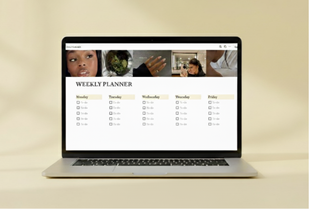 Laptop displaying a weekly planner on a beige background
