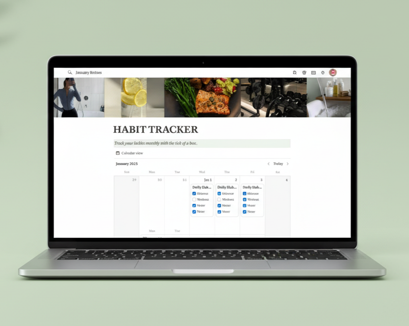 Laptop displaying a habit tracker website on a light green background
