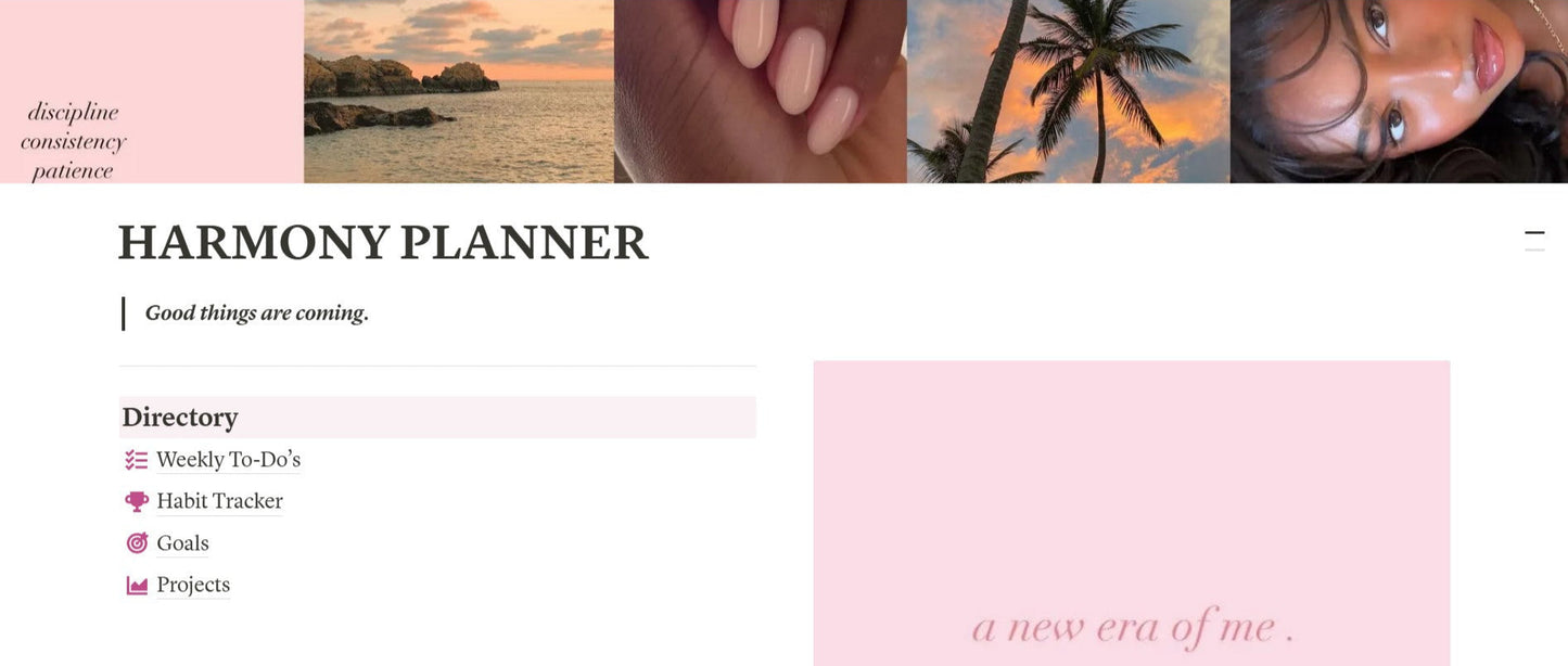 A digital product display of the 'Harmony Planner' featuring various sections such as 'Discovery', 'Goal Tracker', 'Habit Tracker', and 'Notes' with a background image of a sunset over a tropical beach.