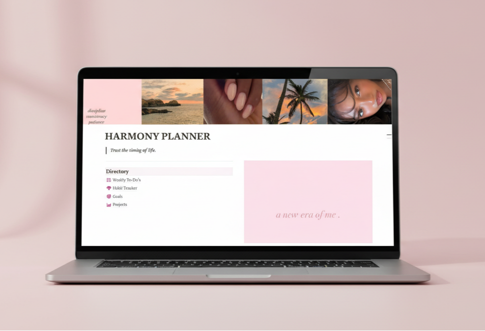 Laptop displaying the 'Harmony Planner' on a pink background